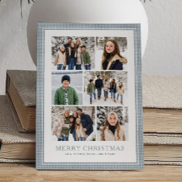 Tarjeta Festiva Collage de fotos en marco a cuadros azul claro Nav