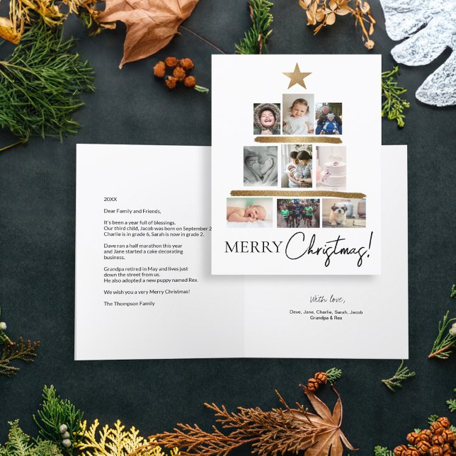 Tarjeta Festiva Collage de fotos estrella de Merry Christmas Tree  (Merry Christmas family photo Tree with gold star. Year in review letter and personal message.)