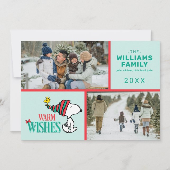 Tarjeta Festiva Collage de fotos familiar de Navidades Snoopy y Wo (Anverso)