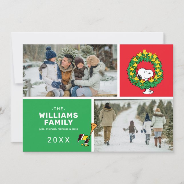 Tarjeta Festiva Collage de fotos familiar de Navidades Snoopy y Wo (Anverso)
