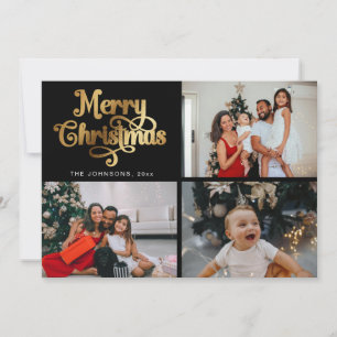 Tarjeta Festiva Collage de fotos familiar Gold Retro Merry Christm