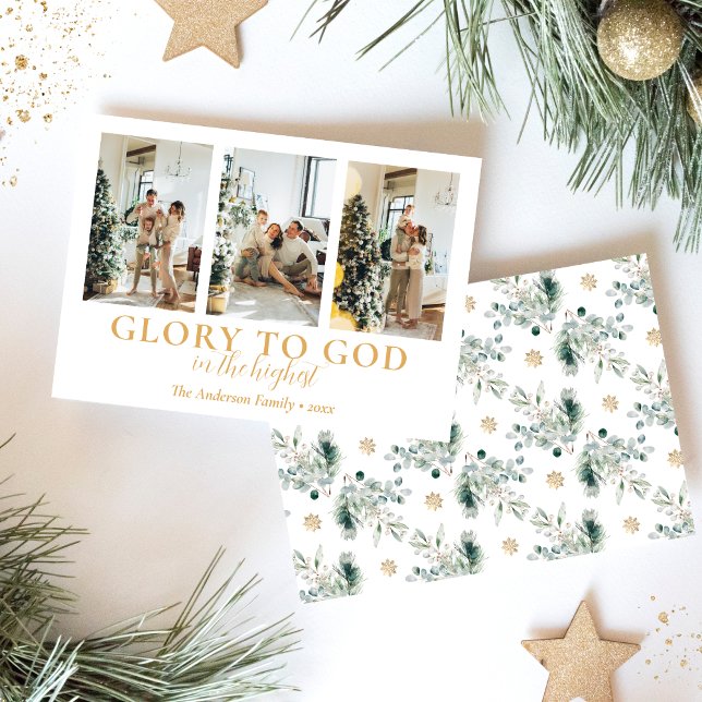 Tarjeta Festiva Collage de fotos familiar Navidades religiosos (Modern family photo collage religious Christmas card with Bible verse in white and gold)