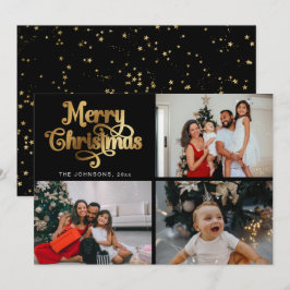 Tarjeta Festiva Collage de fotos Faux Gold Merry Christmas Family