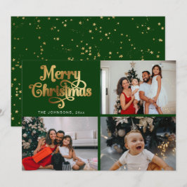 Tarjeta Festiva Collage de fotos Faux Gold Merry Christmas Family