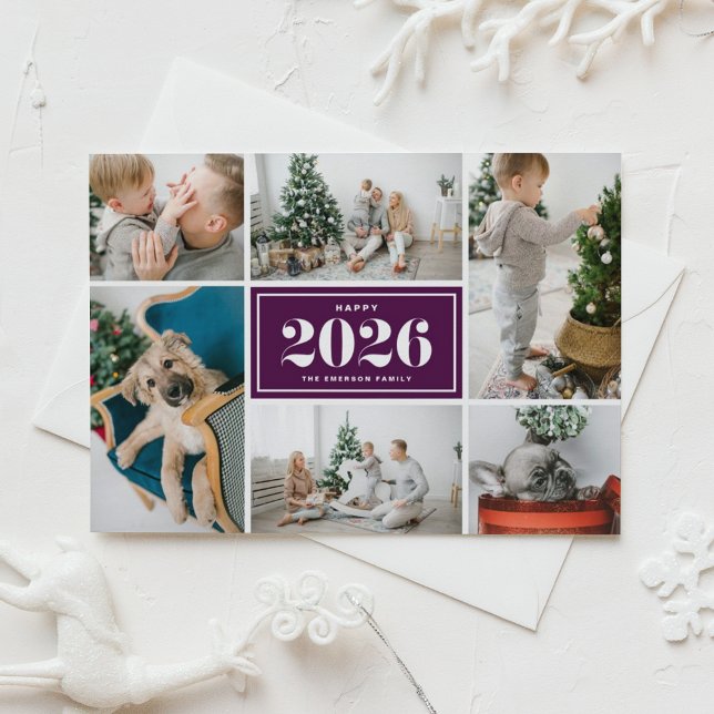 Tarjeta Festiva Collage de fotos Feliz Año Nuevo Morado 2025 (Send 2026 new year cheer with this customizable purple photo collage Happy New Year Card. )