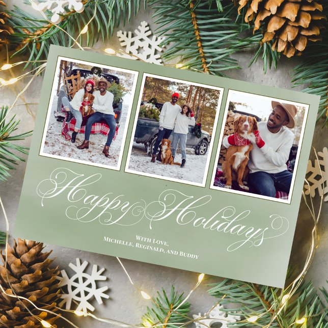 Tarjeta Festiva Collage de fotos Feliz Día Internacional del Guión (Merry Christmas fancy calligraphy script vertical multi photo card. )