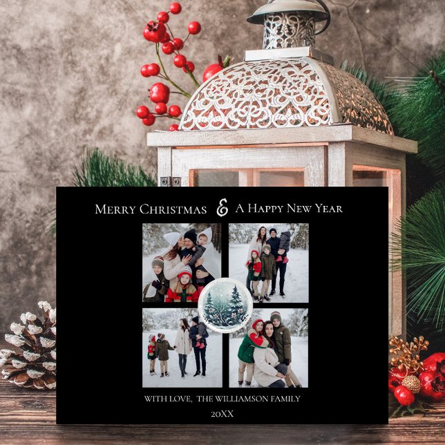 Tarjeta Festiva Collage de fotos floral Black Winter Forest (Black Winter Forest Floral Photo Collage Holiday Card)