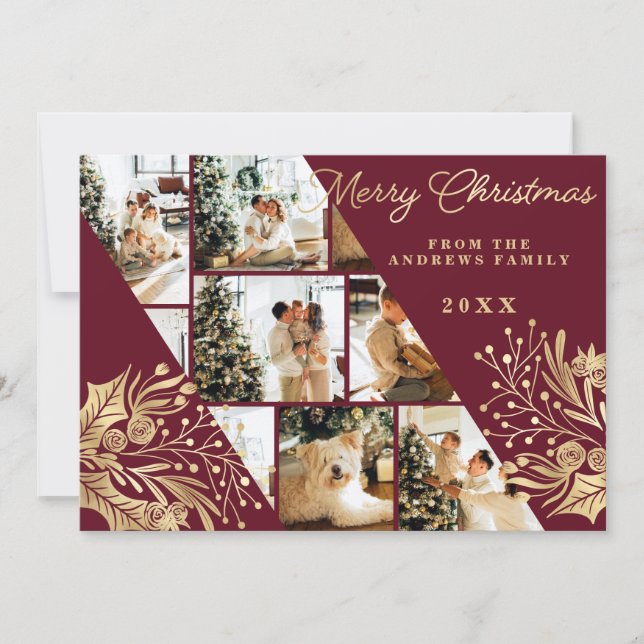 Tarjeta Festiva Collage de fotos floral Gold Burgundy Merry Christ (Anverso)
