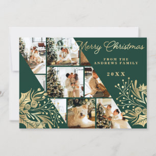Tarjeta Festiva Collage de fotos floral Gold Green Merry Christmas