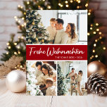Tarjeta Festiva Collage de fotos Frohe Weihnachten<br><div class="desc">Esta fabulosa tarjeta festividad de 3 fotos con "Frohe Weihnachten!" en un alfabeto moderno y su nombre familiar y año con un tipográfico tipográfico tipográfico tradicional, ambos en blanco sobre rojo y con una espalda que coincide, es perfecta para enviarlos a su familia y amigos. ¡A todos les encantará conseguir...</div>