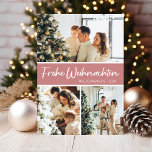 Tarjeta Festiva Collage de fotos Frohe Weihnachten<br><div class="desc">Esta fabulosa tarjeta festividad de 3 fotos con "Frohe Weihnachten!" en un estilo de letra de escritura moderno y su nombre familiar y año con un tipográfico tipográfico y tradicional, ambos en blanco sobre rosa polvoriento con la espalda correspondiente, es perfecta para enviarlos a su familia y amigos. ¡A todos...</div>