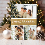Tarjeta Festiva Collage de fotos Frohe Weihnachten<br><div class="desc">Esta fabulosa tarjeta festividad de 3 fotos con "Frohe Weihnachten!" en un estilo de letra de escritura moderno y su nombre familiar y año con un tipográfico tipográfico tipográfico tradicional, ambos en blanco sobre oro y con una espalda que coincide, es perfecta para enviarlos a su familia y amigos. ¡A...</div>