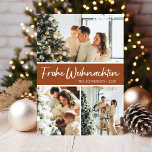 Tarjeta Festiva Collage de fotos Frohe Weihnachten<br><div class="desc">Esta fabulosa tarjeta festividad de 3 fotos con "Frohe Weihnachten!" en un estilo de letra de escritura moderno y su nombre familiar y año con un tipográfico tipográfico tradicional y nítido tipo de letra, ambos en blanco sobre terracota con la espalda correspondiente, es perfecta para enviar a su familia y...</div>