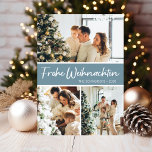 Tarjeta Festiva Collage de fotos Frohe Weihnachten<br><div class="desc">Esta fabulosa tarjeta de vacaciones de 3 fotos con "¡Frohe Weihnachten!" en un estilo de letra de escritura moderno y su nombre familiar y año con un tipográfico tipográfico tipográfico tradicional, ambos en blanco sobre azul polvoriento y con la espalda correspondiente, es perfecta para enviarlos a su familia y amigos....</div>