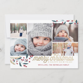 Tarjeta Festiva Collage de fotos Gold Red Berries 5 | Feliz Navida