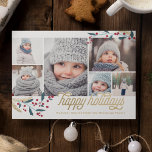 Tarjeta Festiva Collage de fotos Gold Red Berries 6<br><div class="desc">Esta fantástica y festiva tarjeta de vacaciones de 6 fotos presenta un collage de fotos,  winterberries y dice "fiestas felices" en falso Relieve metalizado de oro que está impreso en plano.</div>