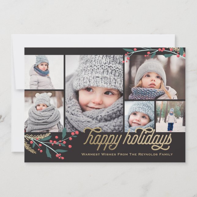 Tarjeta Festiva Collage de fotos Gold Red Berries 6 | Felices fies (Anverso)