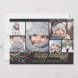 Tarjeta Festiva Collage de fotos Gold Red Berries 6 | Felices fies