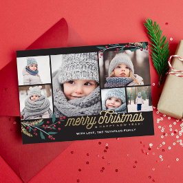 Tarjeta Festiva Collage de fotos Gold Red Berries 6 | Feliz Navida