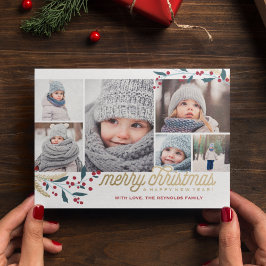 Tarjeta Festiva Collage de fotos Gold Red Berries 6 | Feliz Navida