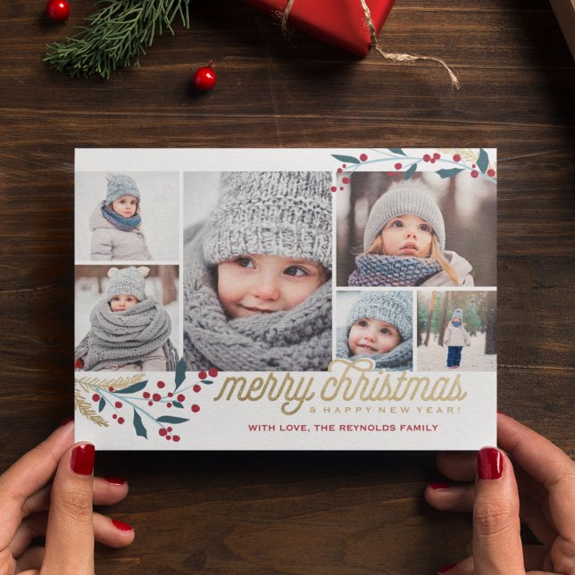 Tarjeta Festiva Collage de fotos Gold Red Berries 6 | Feliz Navida (Subido por el creador)