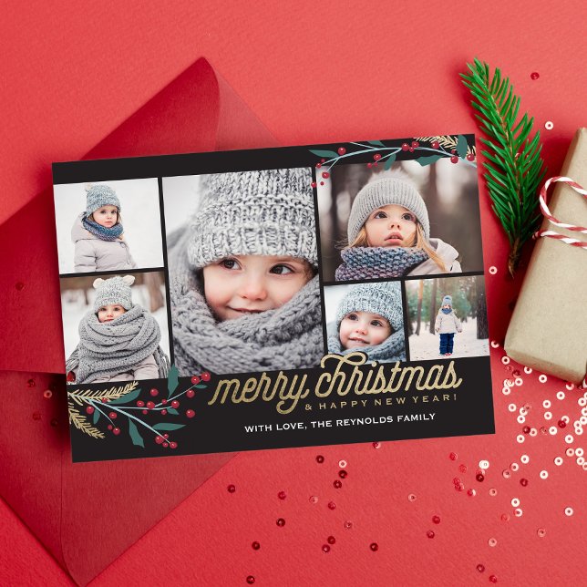 Tarjeta Festiva Collage de fotos Gold Red Berries 6 | Feliz Navida (Subido por el creador)
