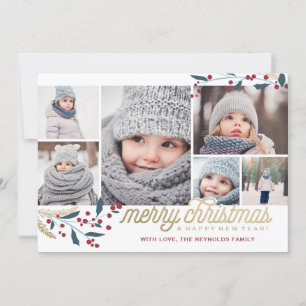 Tarjeta Festiva Collage de fotos Gold Red Berries 6   Feliz Navida