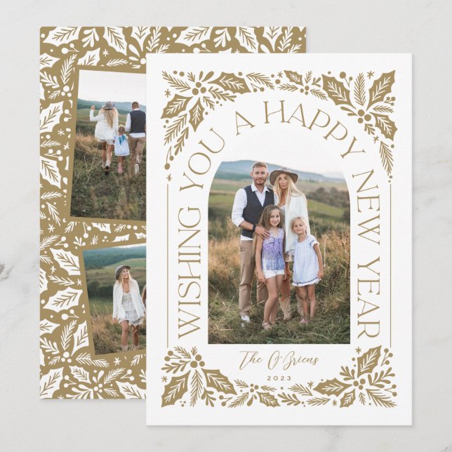 Tarjeta Festiva Collage de fotos Golden 3 de New Year Arch Berry (Anverso / Reverso)