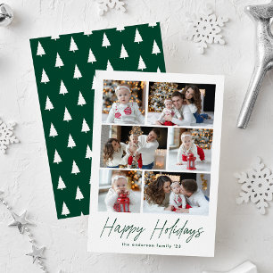 Tarjeta Festiva Collage de fotos Green Happy Holidays Script 6