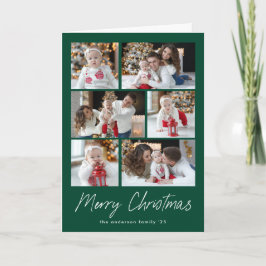 Tarjeta Festiva Collage de fotos Green Merry Christmas Script 6