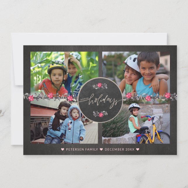 Tarjeta Festiva Collage de fotos Happy Holidays Chalkboard Poinset (Anverso)