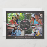 Tarjeta Festiva Collage de fotos Happy Holidays Chalkboard Poinset<br><div class="desc">Tablero de carbón de carbón gris oscuro, follaje rosa y gris oscuro y flor de poinsettia bordean, y caligrafía de moda con letras a mano "Happy Holidays" en el medio, haciendo una moderna tarjeta de collage de fotos de Navidades de inspiración tradicional y rústica. Personalízalo con cuatro fotos orientadas al...</div>