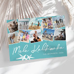 Tarjeta Festiva Collage de fotos Mele Kalikimaka 10<br><div class="desc">Transforme los nostálgicos recuerdos de sus vacaciones en Hawái en un elegante keepsake con nuestra tarjeta de vacaciones. La tarjeta, impresa en un tranquilo fondo azul turquesa, incluye un montaje de 10 fotos que capturan sus momentos memorables. El saludo "Mele Kalikimaka" añade un toque tradicional, lo que hace que sea...</div>