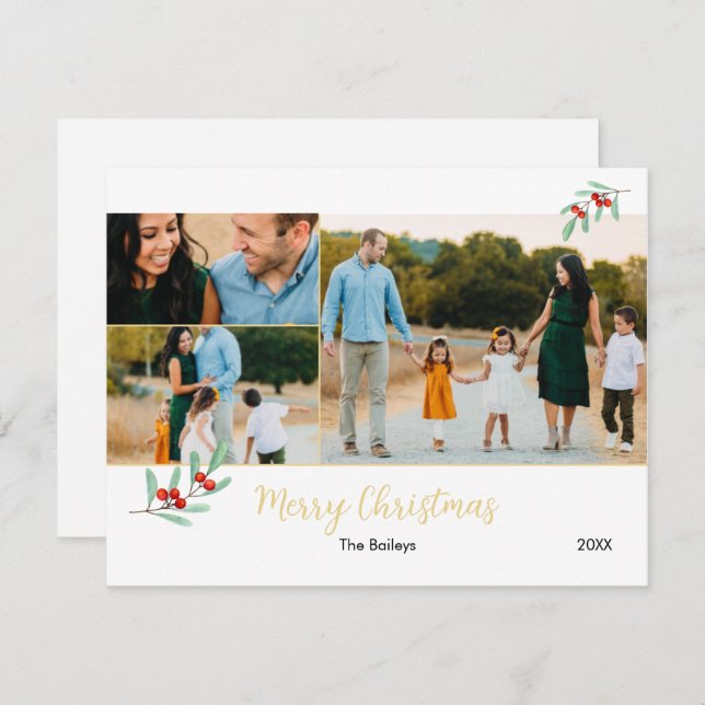 Tarjeta Festiva Collage de fotos Merry Christmas Gold Mistletoe 3 (Anverso / Reverso)