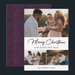 Tarjeta Festiva Collage de fotos moderno de caligrafía de oro púrp<br><div class="desc">Tarjeta de vacaciones de fotos personalizado morada y dorada que presenta un collage de fotos en la parte delantera y un patrón morado y dorado en la parte trasera. Personalice fácilmente esta elegante tarjeta de vacaciones con fotos y el nombre de la familia. Hay más opciones de color disponibles.</div>