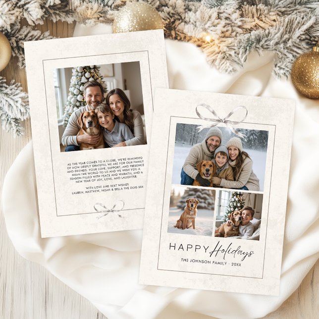 Tarjeta Festiva Collage de fotos moderno elegante de la familia Bo (Elegant modern boho style photo collage holiday card in a neutral palette with coquette bow)