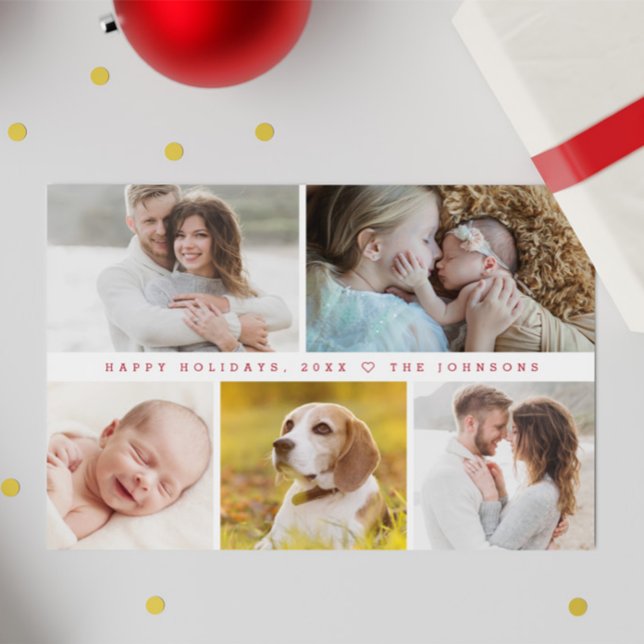 Tarjeta Festiva Collage de fotos moderno Felices vacaciones person (Red typography minimalist Happy Holidays family photo collage card.)