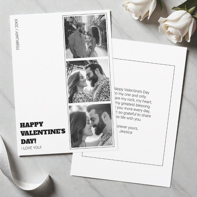 Tarjeta Festiva Collage de fotos moderno San Valentín blanco y neg (Love Valentines Day Black and White Photo Collage Holiday Card)