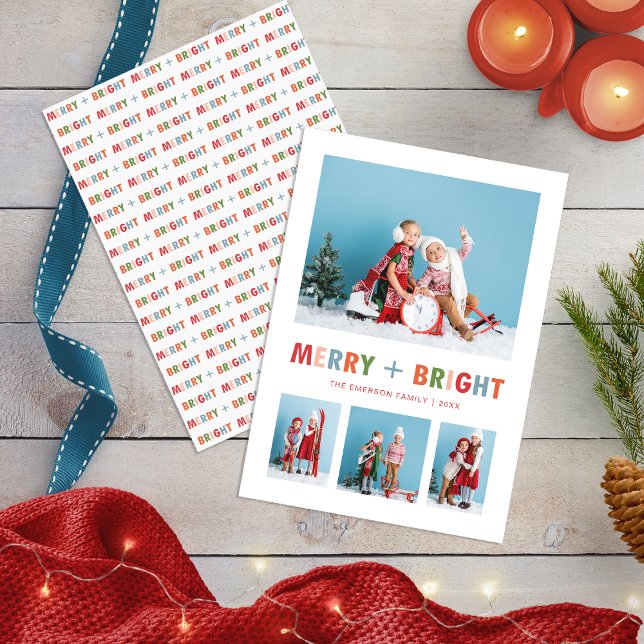 Tarjeta Festiva Collage de fotos moderno y luminoso (Modern Merry and Bright Photo Collage Holiday Card
)