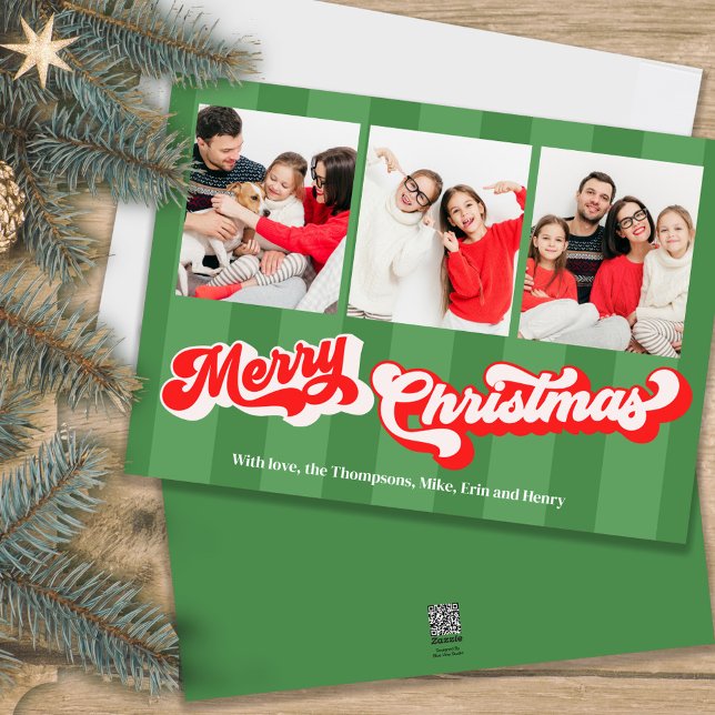 Tarjeta Festiva Collage de fotos navideño de Feliz Verde (A retro vintage style holiday Christmas photo card template)