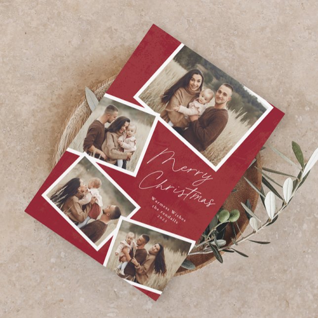 Tarjeta Festiva Collage de fotos navideño moderno con escritura mo (Modern Elegant Script 4 Photo Collage Merry Christmas Holiday Card)