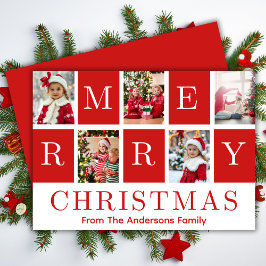 Tarjeta Festiva Collage de fotos Red & White Merry Christmas 5