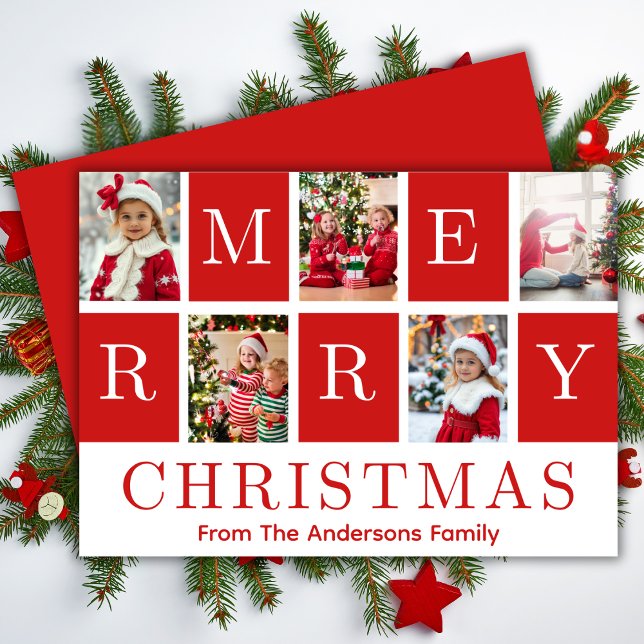 Tarjeta Festiva Collage de fotos Red & White Merry Christmas 5 (Red & White Merry Christmas 5 Photo Collage Holiday Card)