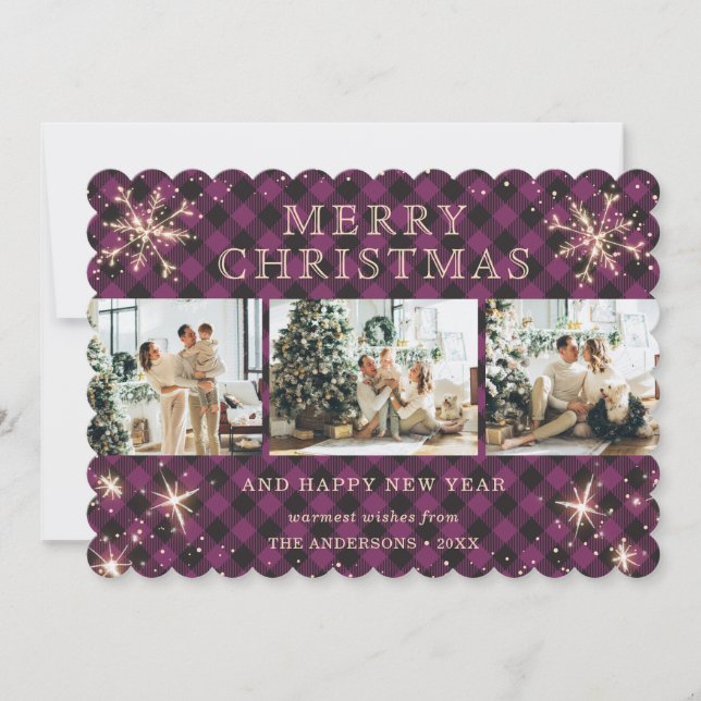 Tarjeta Festiva Collage de fotos Rustic Purple Plaid Snowflake 3 (Anverso)