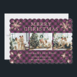 Tarjeta Festiva Collage de fotos Rustic Purple Plaid Snowflake 3<br><div class="desc">Hermosa tarjeta de vacaciones de collage de fotos de búfalos morados con copos de nieve y estrellas. Personaliza fácilmente esta linda tarjeta de vacaciones con tus fotos y texto.</div>
