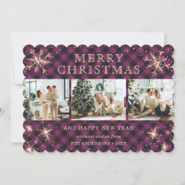Tarjeta Festiva Collage de fotos Rustic Purple Plaid Snowflake 3