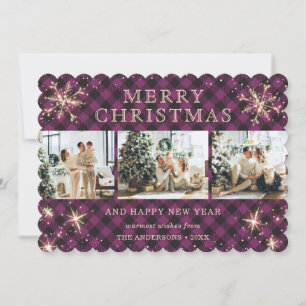 Tarjeta Festiva Collage de fotos Rustic Purple Plaid Snowflake 3