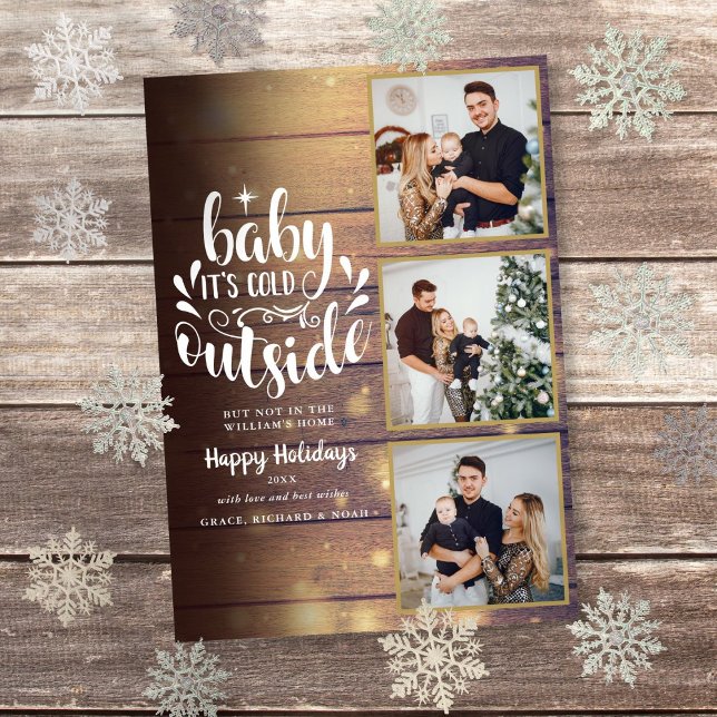 Tarjeta Festiva Collage de fotos Rustic Wood 3 navidades (Christmas Rustic Wood 3 Photo Collage Holiday Card)