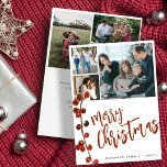 Tarjeta Festiva Collage de fotos Rústico Santo Berry 6 Feliz Navid<br><div class="desc">Rústica elegante y elegante tarjeta navideña Merry con moderno guión de caligrafía manuscrita,  6 fotos familiares de personalizados y tu texto personalizado con una rama de bayas de color rojo oscuro.</div>