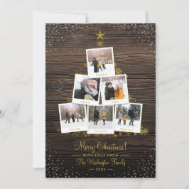 Tarjeta Festiva Collage de fotos Snow & Wood Gold Christmas Tree 6